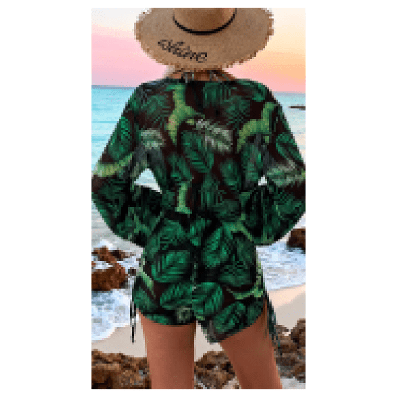 Women's Swimsuit 3 Piece Tropical Leaf Print - Sun Protection Bathing Suit with Lace-Up Bikini & Rash Guard - Casual Beach Vacation Swimwear