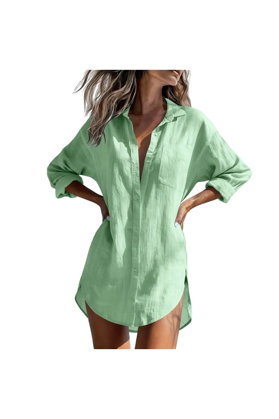 Women's Swimsuit Cover Up 3/4 Sleeve Beachwear Bikini Coverups Button Down Oversized Cover Up Shirt Green XXL