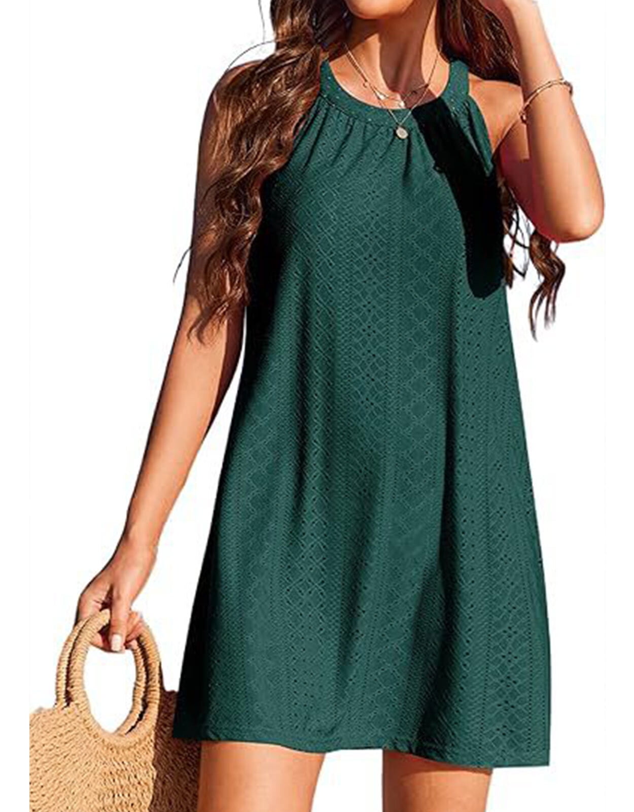 Women's Eyelet Swimsuit Cover Up Pleated Front Halter Dress Sleeveless Summer Beach Cover Up Shermie, Size: Medium, Green