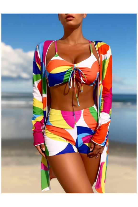 Women's Swimsuit Cover-Up Set - Color Block Beach Outfit, Tie Front Short Sleeve Top & High Waisted Shorts, Minimalist Sun Protection Swimwear