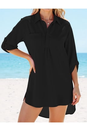 Women's Swimsuit Cover Up, V-Neck 3/4 Sleeve Button Down Beach Shirt Dress, Asymmetrical Hem Side Split Loose Bikini Coverup, Lightweight