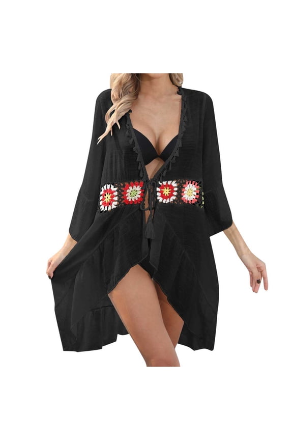 Women's Swimsuit Cover Ups Floral Patchwork Tie Front Ruffle Hem Sun Protection Jacket Floral Print Beach Cover Up