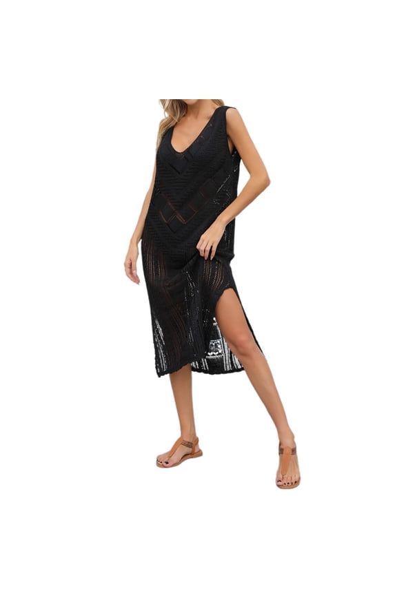 Women's Swimsuit Cover Ups Loose Fit Beach Sweater Patchwork Cable Knit Sheer Long Dress Casual Beach Cover Up