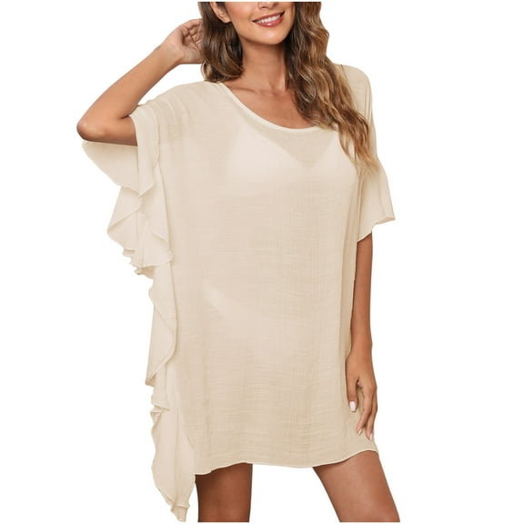 Women's Swimsuit Cover Ups Scoop Neck Bathing Suit Coverups Dress Ruffle Short Sleeves Beachwear Loose Top