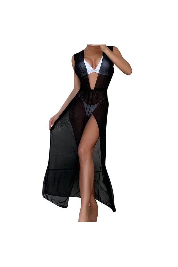 Women's Swimsuit Cover Ups Sheer Mesh See Through Deep V Slit Dress Trendy Beach Cover Up