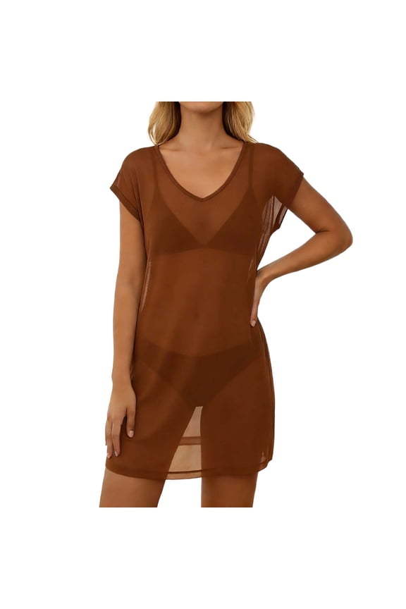 Women's Swimsuit Cover Ups Sheer Mesh Short Sleeve V Neck Beach Dress Lightweight Quick Dry Bathing Suits Swimwear