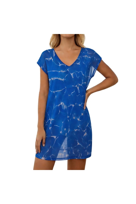 Women's Swimsuit Cover Ups Sheer Mesh Short Sleeve V Neck Beach Dress Lightweight Quick Dry Bathing Suits Swimwear