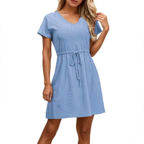 Women's Swimsuit Cover Ups - V Neck Drawstring Slit Eyelet Embroidery Beach Dress, Flowy Short Sleeve