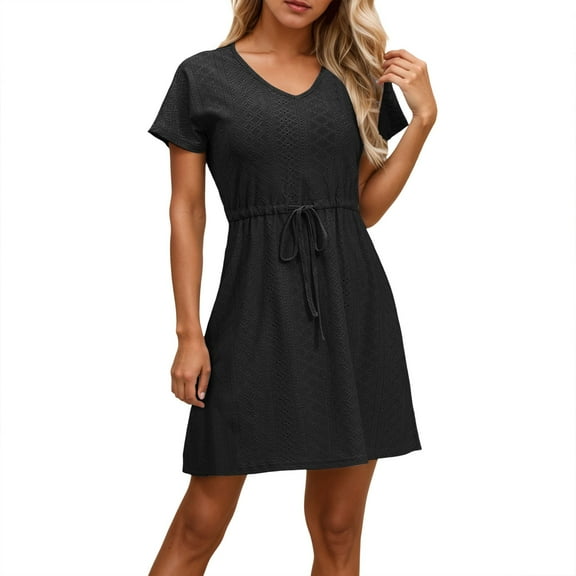 Women's Swimsuit Cover Ups - V Neck Drawstring Slit Eyelet Embroidery Beach Dress, Flowy Short Sleeve