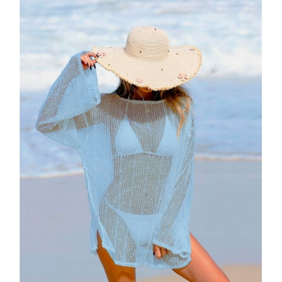 Women's Swimsuit Coverup Crochet Sheer Beach Dress Slit Long Sleeve Bathing Suit Cover Up