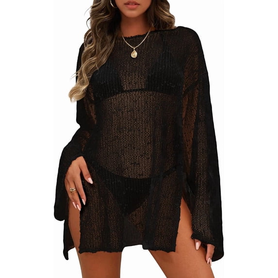 Women's Swimsuit Coverup Crochet Sheer Beach Dress Slit Long Sleeve Bathing Suit Cover Up