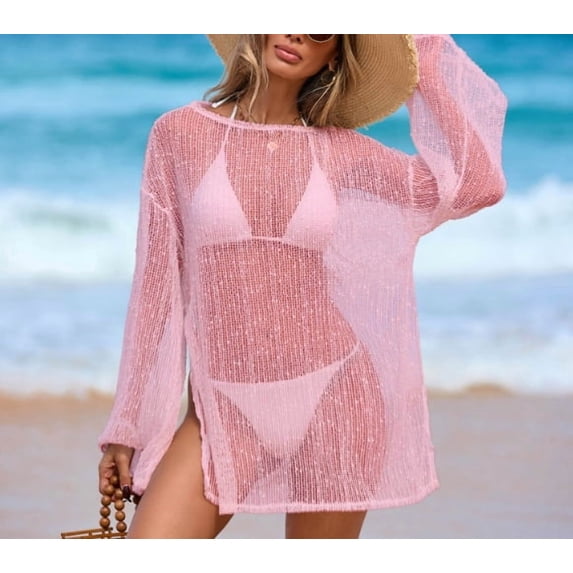 Women's Swimsuit Coverup Crochet Sheer Beach Dress Slit Long Sleeve Bathing Suit Cover Up