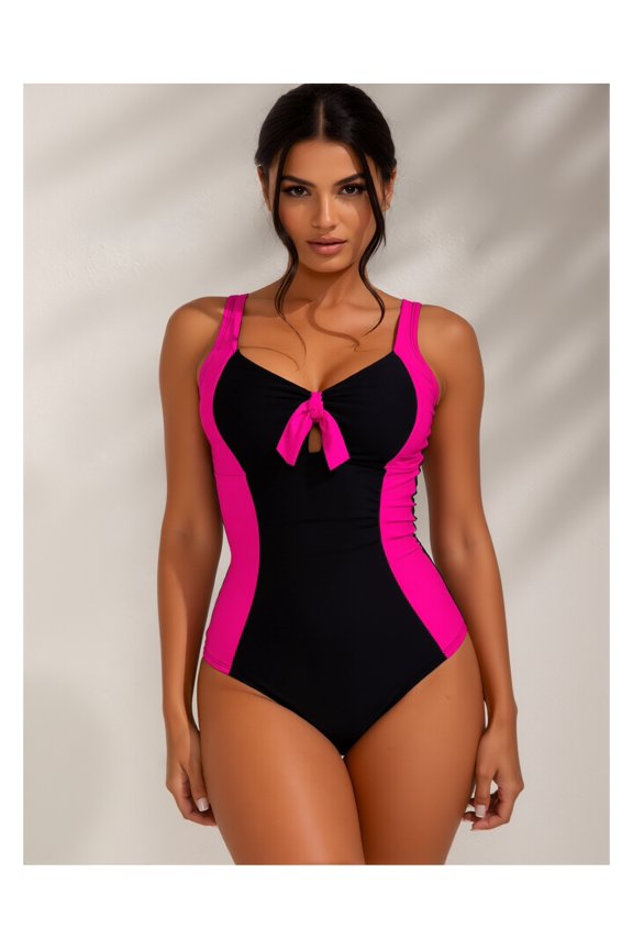 Women's Swimsuit One Piece Black Contrast Patchwork Bow Front Slim Fit Figure Flattering Casual Resort Swimwear