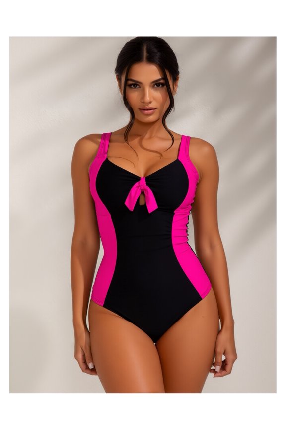 Women's Swimsuit One Piece - Black Contrast Patchwork Bow Front - Slim Fit Figure Flattering Resort Wear - Elegant Casual Bathing Suit