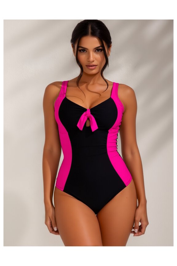 Women's Swimsuit One Piece - Black Contrast Patchwork Bow Front Slim Fit Figure Flattering Swimwear for Resort, Beach, Pool, Casual Summer