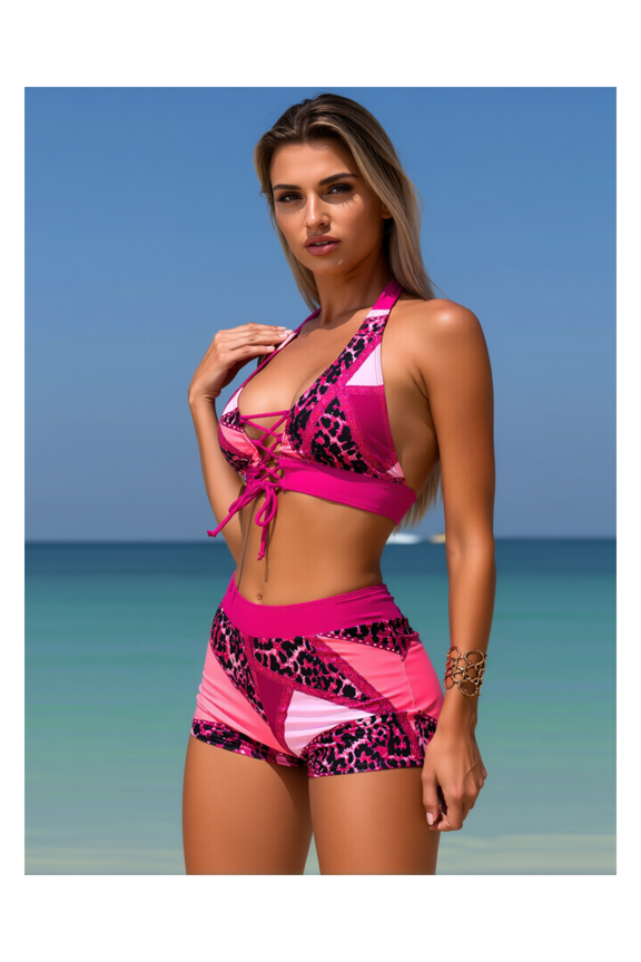 Women's Swimsuit Rose Red Leopard Print Two Piece - Tie Neckline Drawstring Bikini with Flat Leg Swim Pants, Patchwork Bathing Suit for Women, Beach & Pool