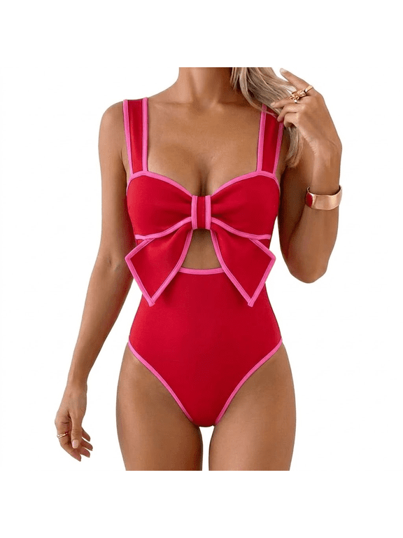 Women's Swimsuit Set: Black and White Padded Swimsuit with Bow and Cutout Details and Skirt