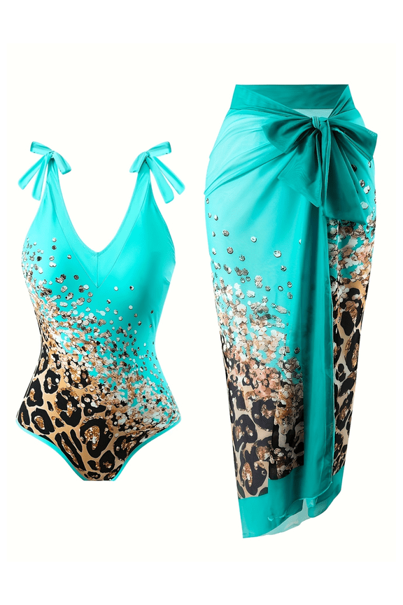 Women's Swimsuit Two Piece Leopard Print Hot Spring Bathing Suit with Mesh Cover-Up; Blue Patchwork Swimwear for Vacation, Beach, Pool, Casual Summer Outfits