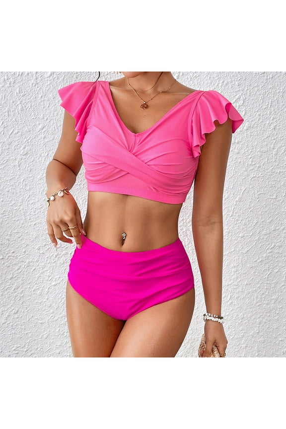 Women's Swimsuit Two Piece Swimsuit High Waist Ruffled Strap Set Swimsuit Tops for Women Large Bust Teal Stripe And Leaves Print Bikini Front Tie Skirt Set Sunflower Top And Bottom for Women Board