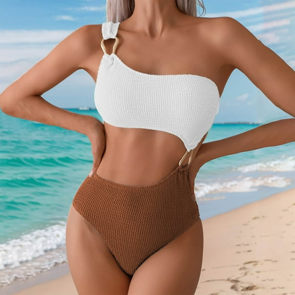 Women's Swimsuits Bikinis One Piece Under $10 Color Block Fashion No Buckle One-shoulder Backless Bikinis Sets