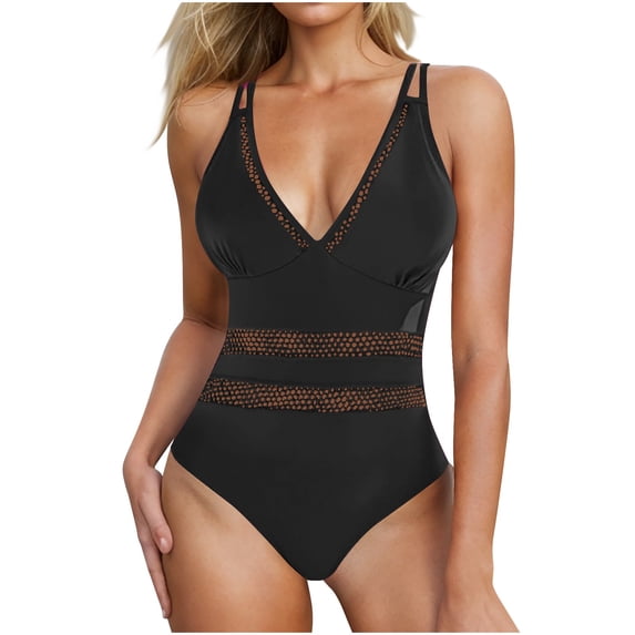 Women's Swimsuits Mesh Sexy One Piece Bathing Suits Slimming V Neck Swimwear Lace Trim Swim Suits for Women