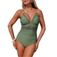 thumbnail image 1 of Women's Swimsuits One Piece Mesh Ruched V Neck Sexy Bathing Suits Slimming Halter String Swimsuit High Cut Gym Outfits Army Green M, 1 of 5