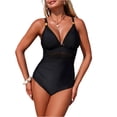 thumbnail image 1 of Women's Swimsuits One Piece Mesh Ruched V Neck Sexy Bathing Suits Slimming Halter String Swimsuit High Cut Gym Outfits Black S, 1 of 7