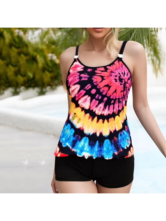 Women's Swimsuits Two Piece Wide Butt Bottoms Plus Size Under $10 With Shorts Tie-Dyed Contrast Color Camisole Shoulder Backless Bikini Swimsuit