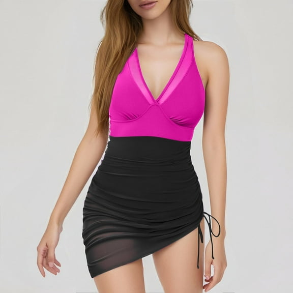 Women's Swimwear Bathing Suit with Mesh Sheer Sarong Wrap Swim Dress for Beach Pool