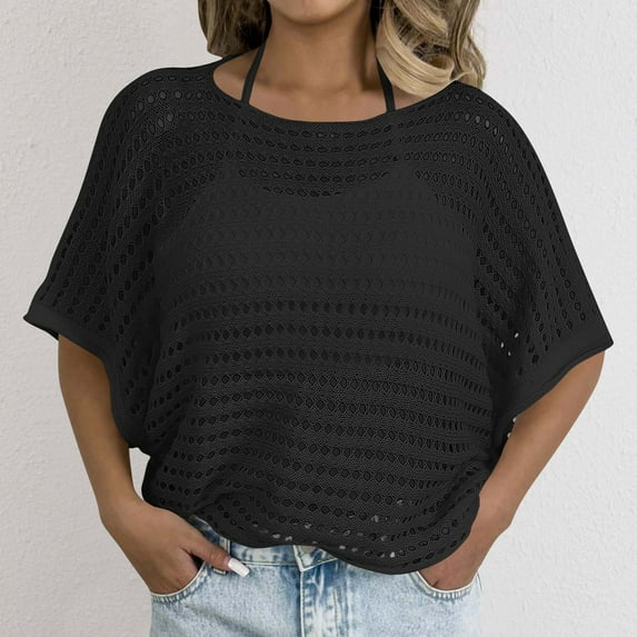 Women's Swimwear Cover Up New Round Neck Half Sleeve Solid Color Hollow Casual Blouse