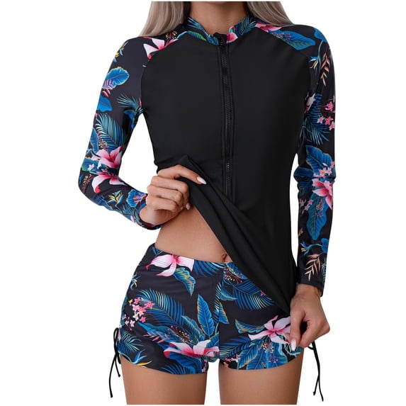 Women's Swimwear Long Sleeve Front Zip Shirt with Boyshort High Waisted Tummy Control 2 Piece Swimsuit Surfing Swimwear