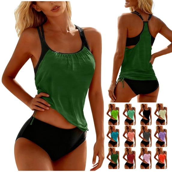 Women's Swimwear Tankini with Briefs Two Piece Summer Beach Athletic Bathing Suits Racerback Padded Tankinis with Briefs with Drawstring Side Army Green Swimsuit Sets,Size S-2XL