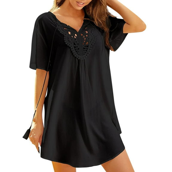 Women's Swimwears Cover-Ups Patchwork Bathing Suit Cover Up Lace V Neck Bikini Beach Swimsuit Smock Coverups For Bathing Suits Female Stylish Summer Beachwear