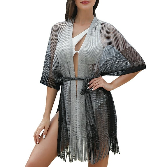 Women's Swimwears Cover-Ups Solid Color Knitted Hollow Out Mesh Shawl Beach Cover Up Hoodie Female Stylish Summer Beachwear