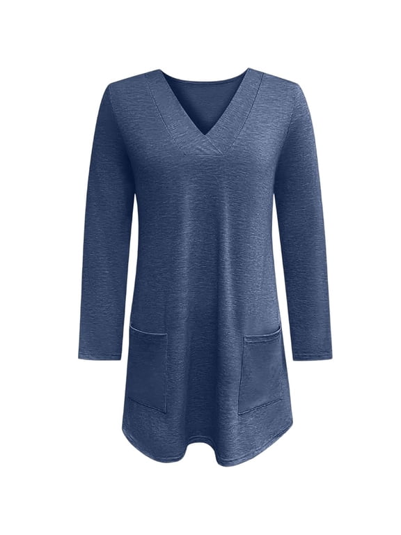Women's Swing Hem Flared Casual Tunic Tops Relaxed Fit Long Sleeve V Neck Blouse with Pockets Trendy Casual Versatile Outfits