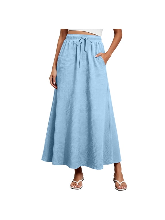 Women's Swing Skirts Drawstring Elastic Waist Textured Maxi Skirt with Pockets Boho Summer Flowy Long Skirt Light Blue XL