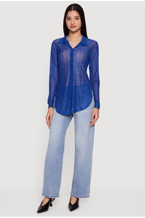 Women's Swirl Mesh Button Front Tunic Shirt