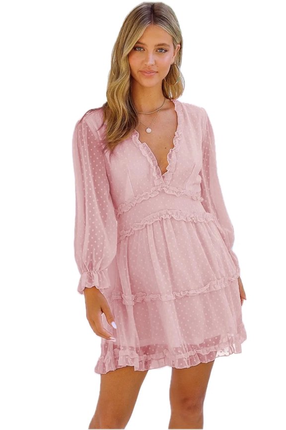 Women's Swiss Dot Frill V Neck Mini Dress 100% Polyester Fabric With Opaque Body Suitable For Day And Evening Events