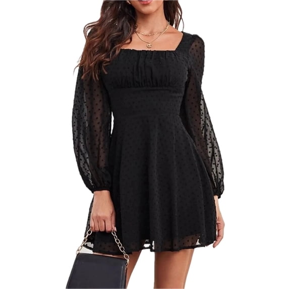 Women's Swiss Dot Long Sleeve Mini Dress 100% Polyester Partially Lined Bodice Easy Everyday Dress for All Occasions