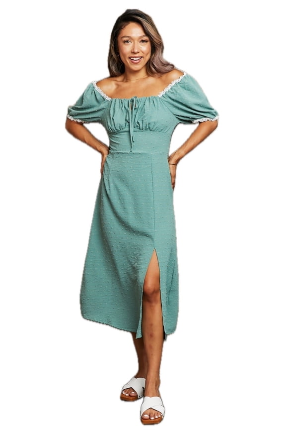 Women's Swiss Dot Off Shoulder Midi Dress with Puff Sleeves Slit Front Neckline Hem Fabric % Polyester Chic Silhouette