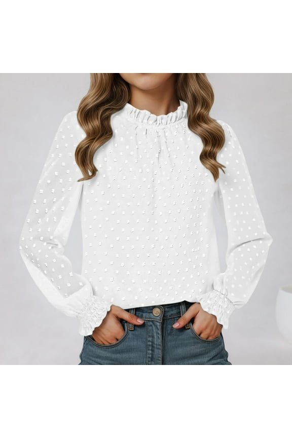 Women's Swiss Dot Ruffle Neck Blouses Long Sleeve Smocked Tops Casual Chiffon Blouses for Office and Daily Wear