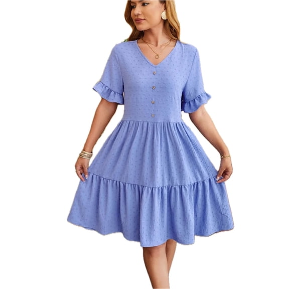 Women's Swiss Dot Ruffled V Neck Tiered Dress with Sheer Overlay 100% Polyester Fabric for Elegant Occasion Party