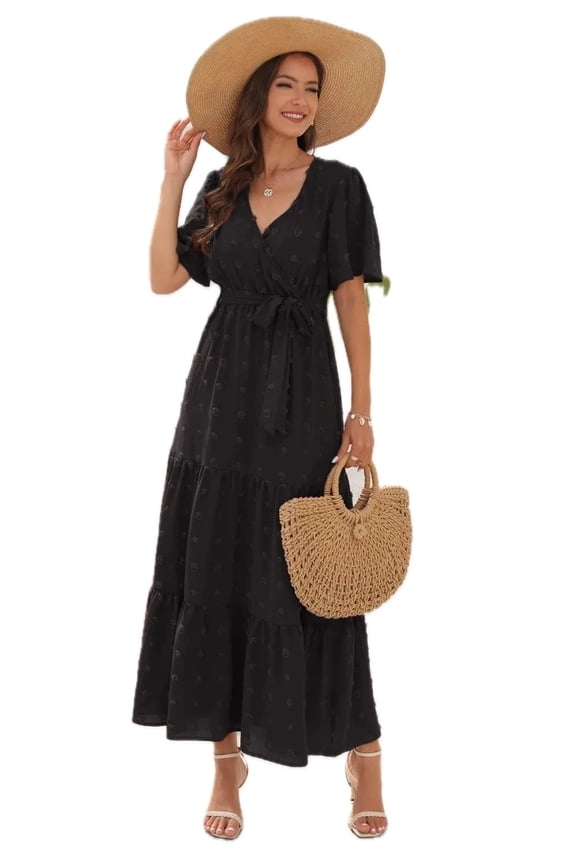 Women's Swiss Dot Tied Surplice Short Sleeve Dress 100% Polyester Sheer Bodice Not Lined Easy Everyday Wear Essential