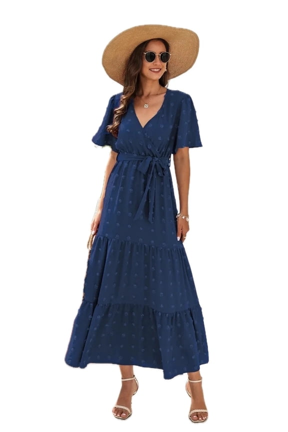 Women's Swiss Dot Tied Surplice Short Sleeve Dress 100% Polyester Sheer Bodice Not Lined Easy Everyday Wear Essential