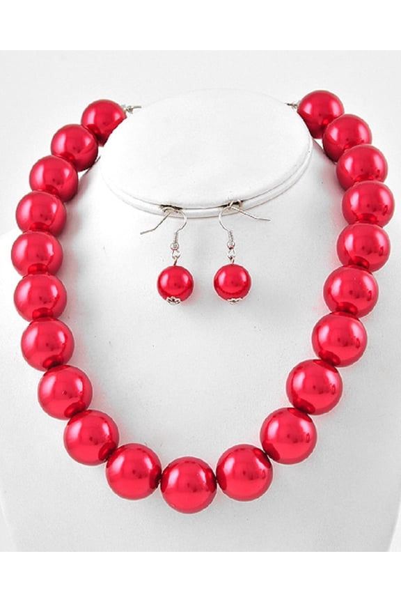 Women's Synthetic Pearl Ball Necklace Set (Red)