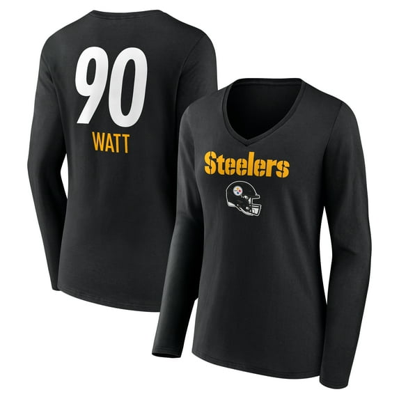 Women's T.J. Watt Pittsburgh Steelers Black Team Wordmark Long Sleeve V-Neck T-Shirt