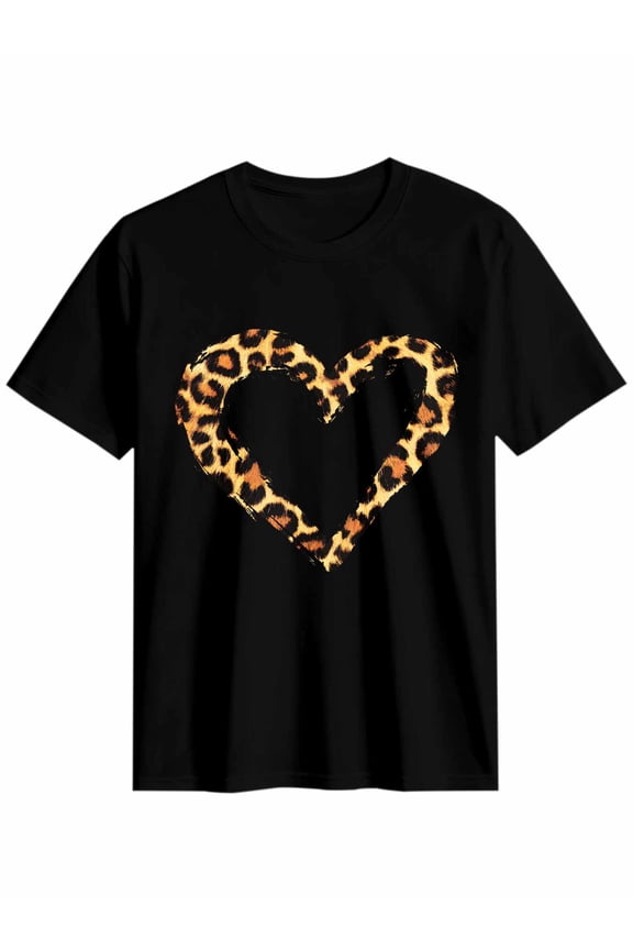 Women's T-Shirt Abstract Cartoon Leopard Print Love Short Sleeve Casual Tee Classic Crew Neck T Shirt for Women Black, L