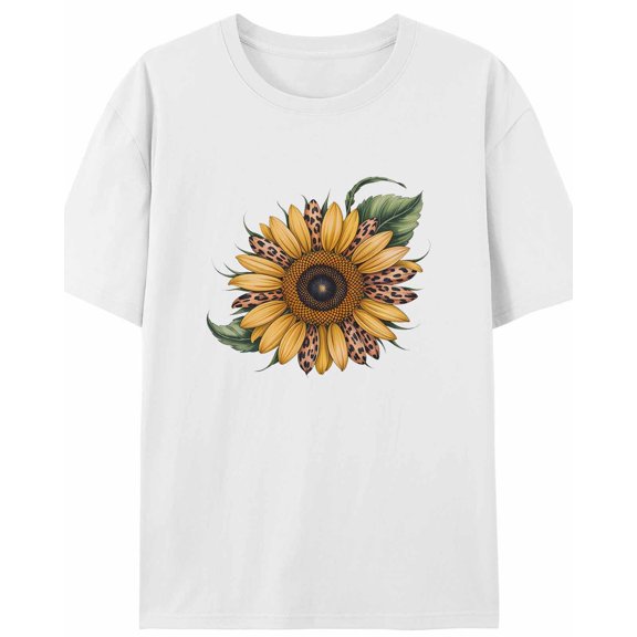Women's T-Shirt Abstract Flower Leopard Sunflower Short Sleeve Casual Tee Classic Crew Neck T Shirt for Women White, L