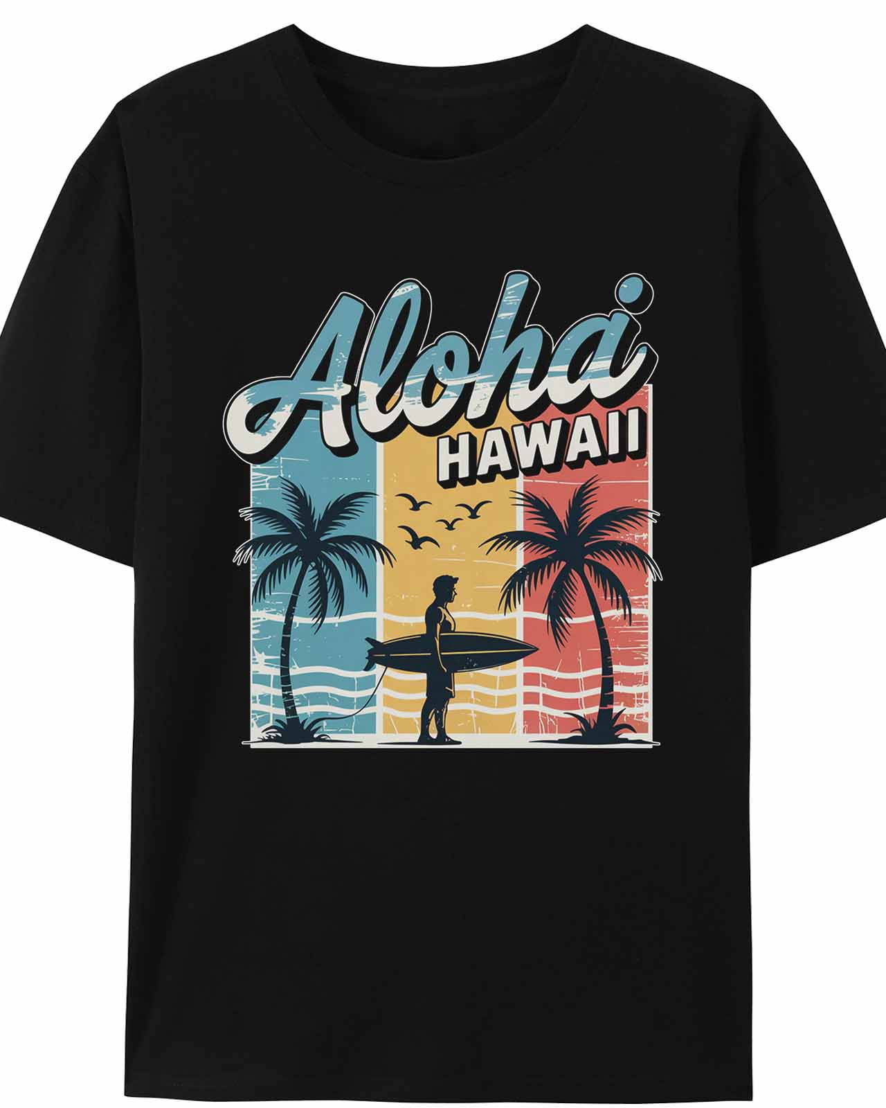 Women's T-Shirt Aloha Hawaii Retro Beach Surfing Vacation Short Sleeve Casual Tee Classic Crew Neck T Shirt for Women Black, M