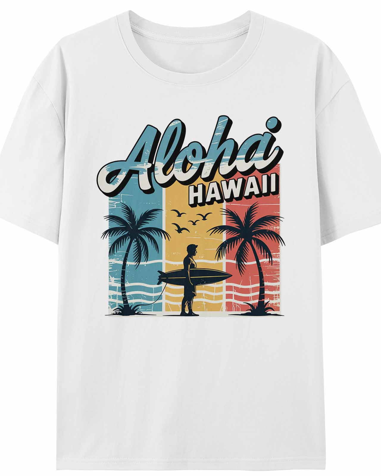 Women's T-Shirt Aloha Hawaii Retro Beach Surfing Vacation Short Sleeve Casual Tee Classic Crew Neck T Shirt for Women White, M
